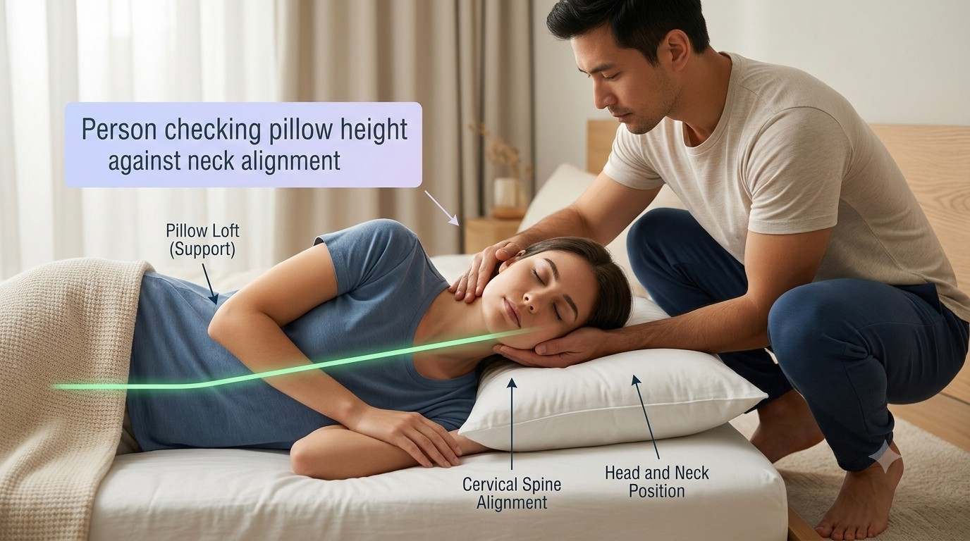 Person checking pillow height against neck alignment