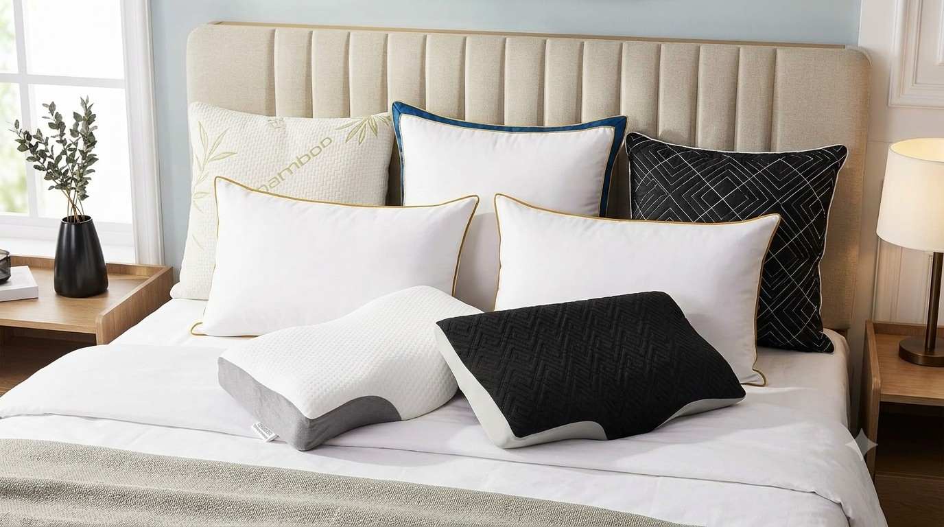 Different types of pillows arranged on a bed