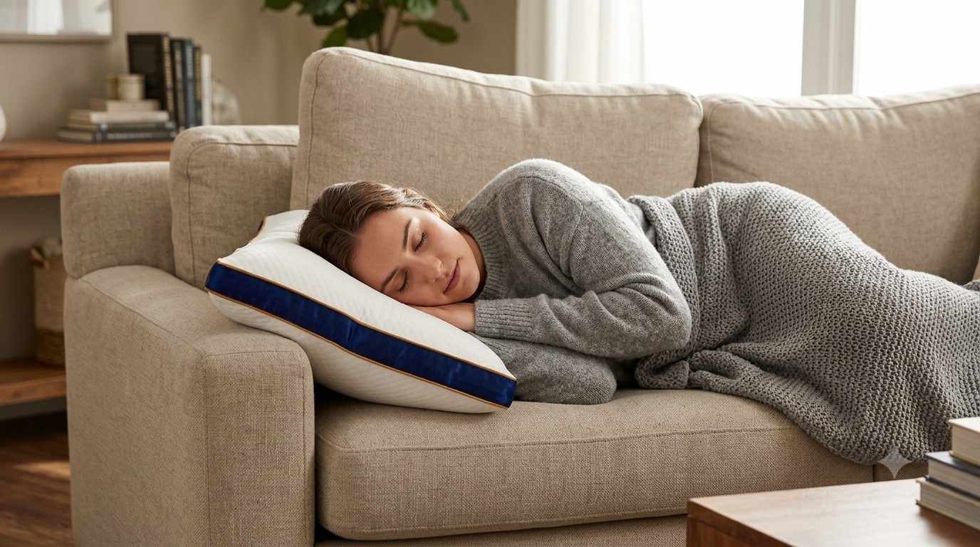 Person napping on a sofa with a compact pillow