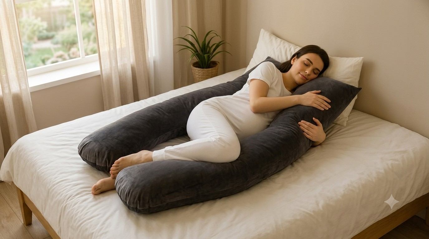 Pregnant woman resting with a full-body pillow