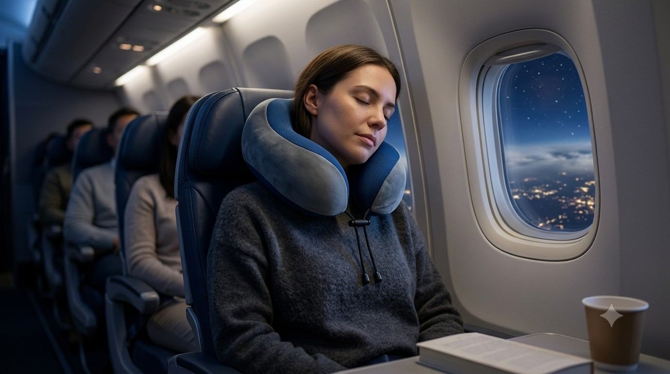 Traveler using a U-shaped neck pillow on a flight